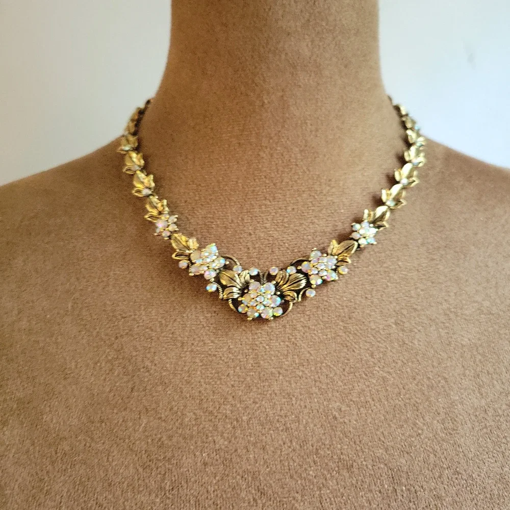 Vintage Style Gold Tone AB Rhinestone Floral Leaf Necklace 15 Inch Cottagecore